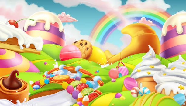 Sweet landscape. Candy land. Candies and milk river 3d vector background